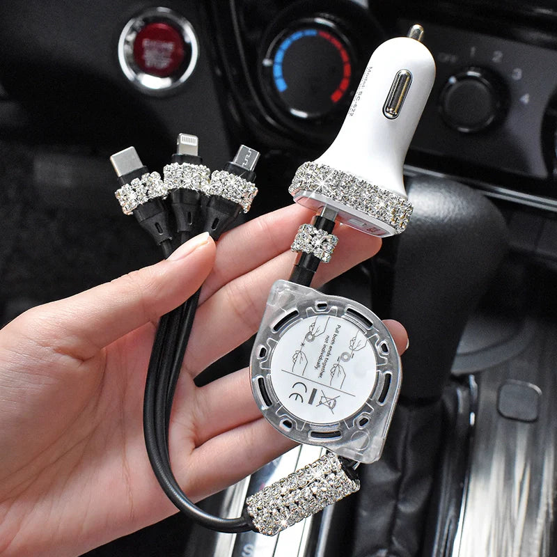 SHOWLU Diamond-Embedded 3-Port Car Charger with multi-functional plug, featuring a sleek design and diamond accents for stylish car charging.