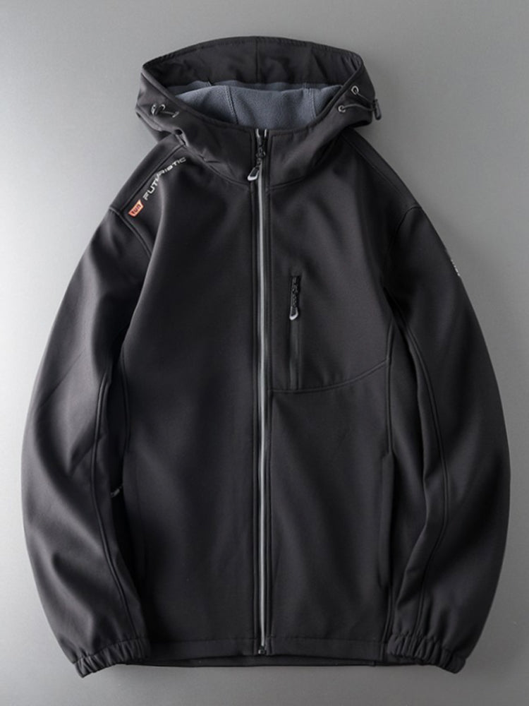 Men's windproof fleece soft shell jacket with hood, outdoor sportswear by SHOWLU FASHION STORE, shown in dark color.