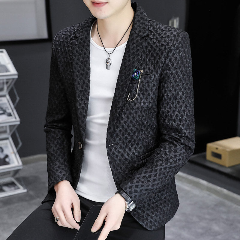 Slim-fit men's casual suit jacket by SHOWLU FASHION STORE, long sleeve polyester blazer with a tailored, modern design.