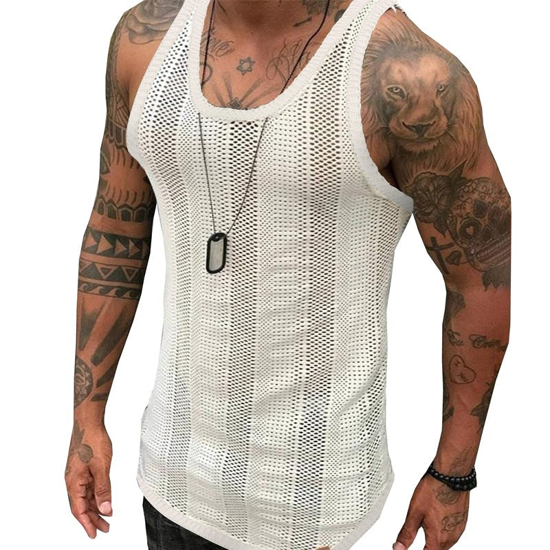 White mesh knitted vest by SHOWLU FASHION, slim fit round neck top, stylish and breathable women's fashion piece.