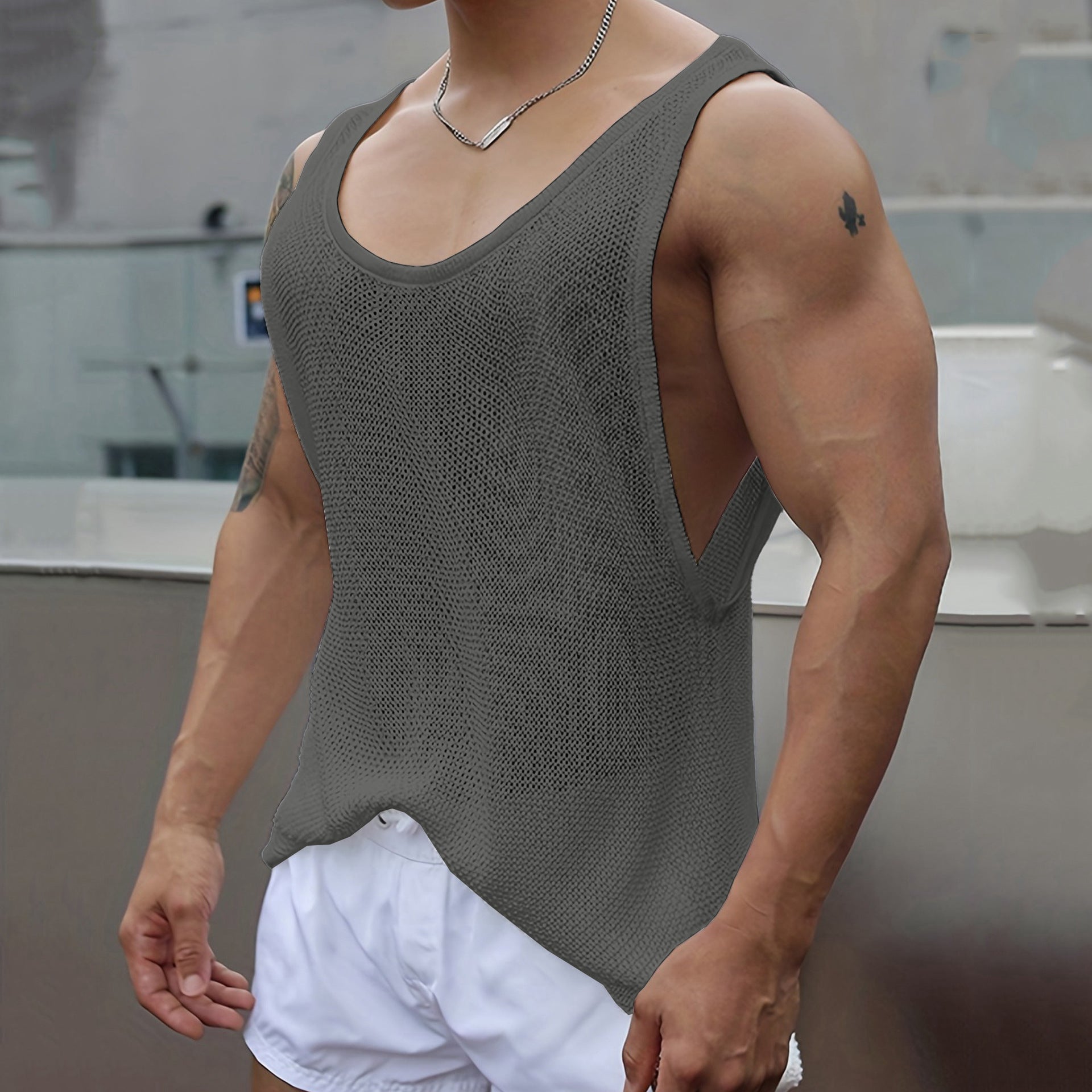 Men's summer knitting vest by SHOWLU, loose fit V-neck casual sports top with sleeveless design and lightweight fabric.