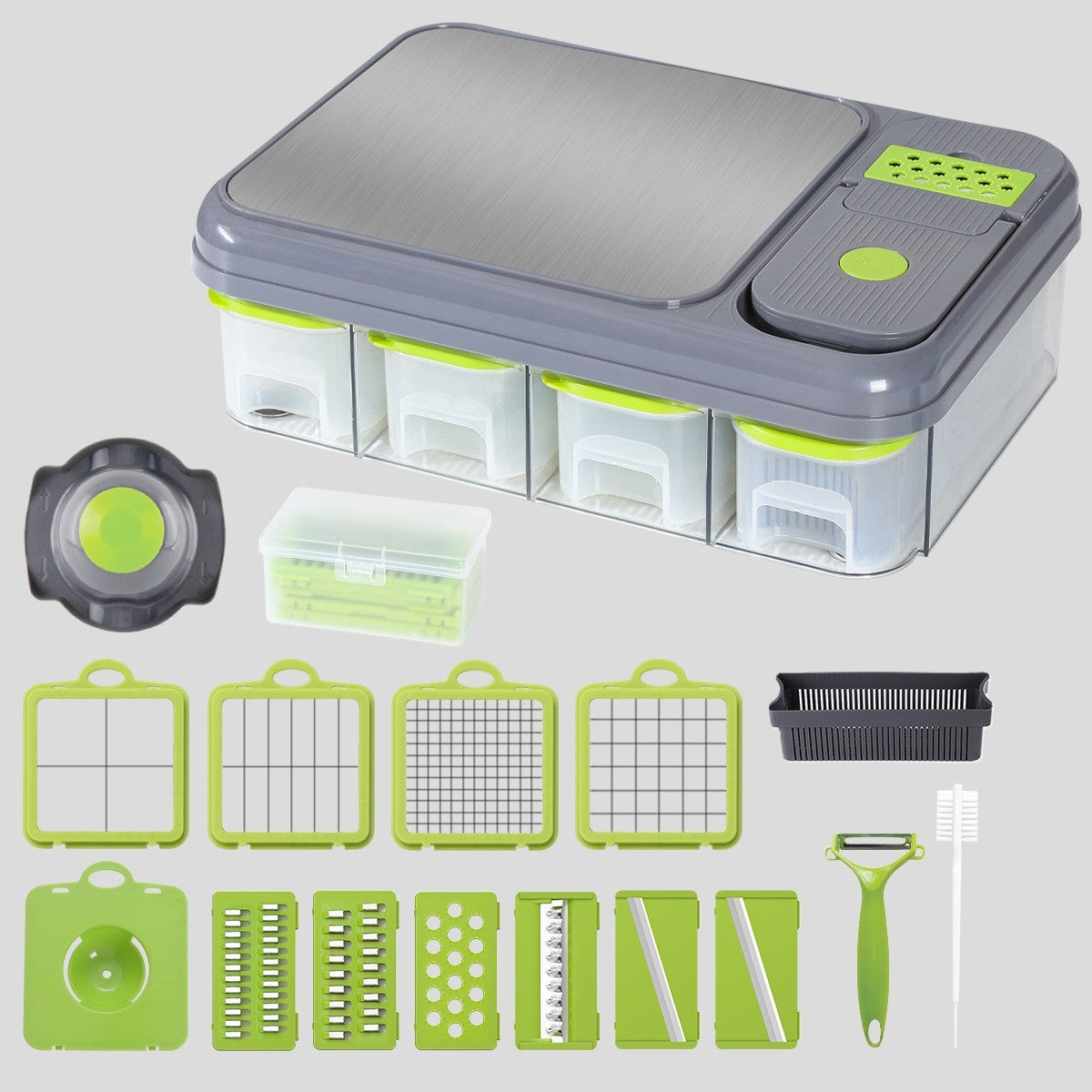Showlu Multi-Functional Vegetable Cutter with 10.27 dicer and slicing set, featuring various blades for efficient food prep