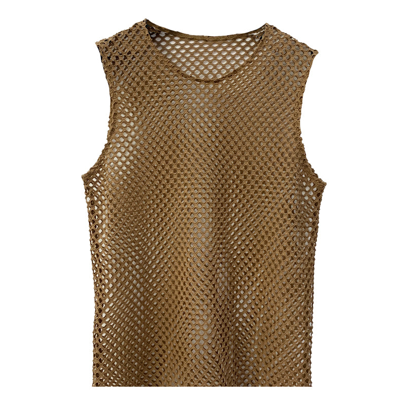 SHOWLU FASHION male mesh cut-out vest with geometric crewneck pullover, featuring a modern, stylish design and breathable fabric.