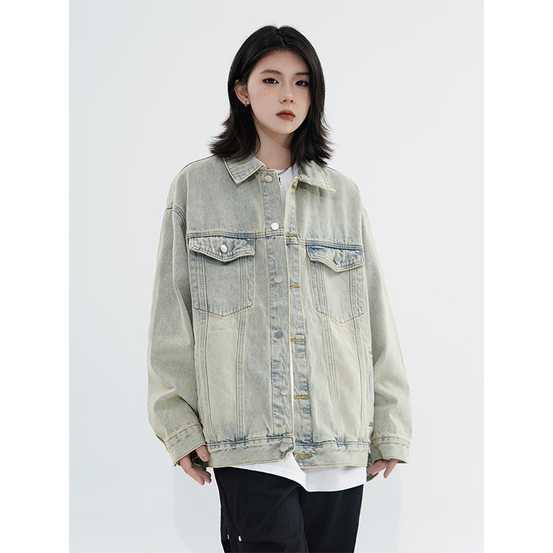 Vintage denim cowboy jacket with loose fit, cotton material, polo collar, streetwear style, shown in the image