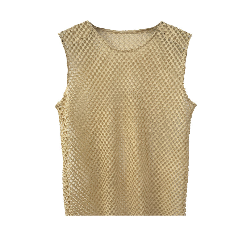 SHOWLU FASHION male mesh cut-out vest with geometric crewneck pullover, featuring stylish mesh panels and modern design.