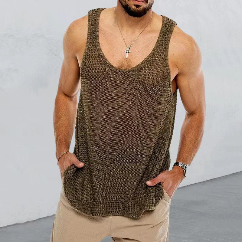 Men's summer knitting vest with V-neck, loose fit casual sports top in neutral color, by SHOWLU FASHION STORE.