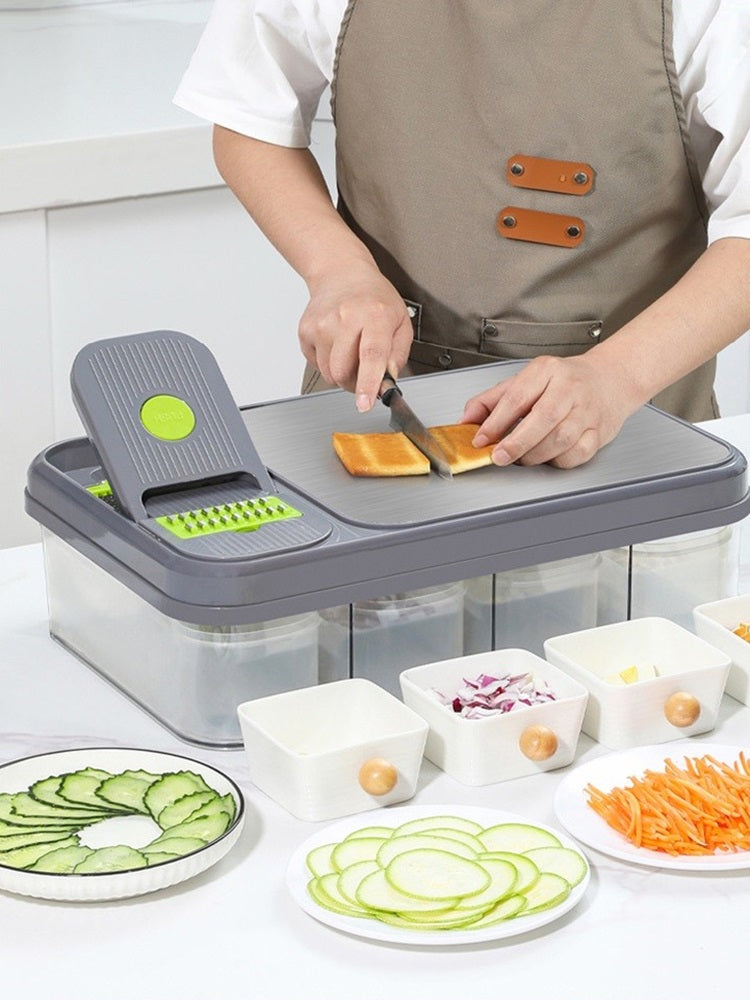Showlu multi-functional vegetable cutter with dicing and slicing blades for efficient food prep, featuring a compact design.