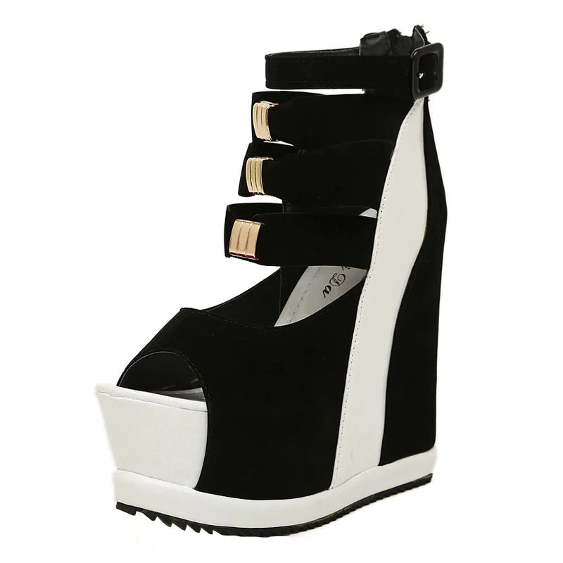 Dream Little Pepper women's platform wedge sandals with peep toe heels, showing stylish black footwear with chunky heels.
