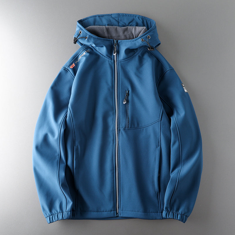 Men's windproof fleece soft shell jacket with hood, outdoor sportswear by SHOWLU FASHION STORE, shown in dark color.