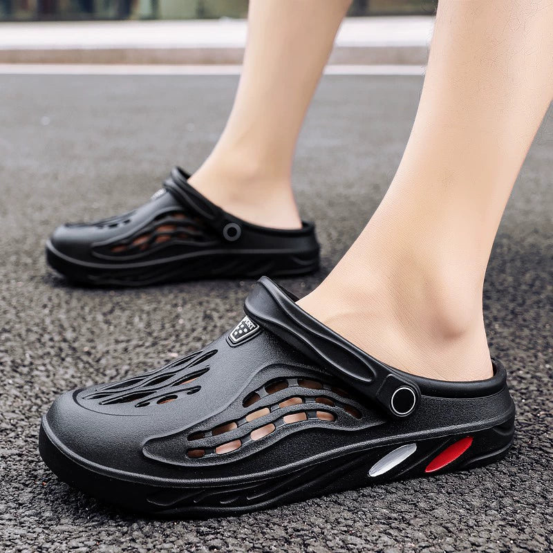 Kudu Concept men's breathable colorblock summer outdoor sports shoes in black and gray with cushioned soles.