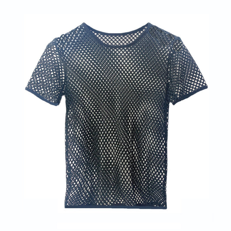 SHOWLU FASHION male mesh cut out vest with geometric crewneck design, stylish pullover featuring modern geometric patterns.