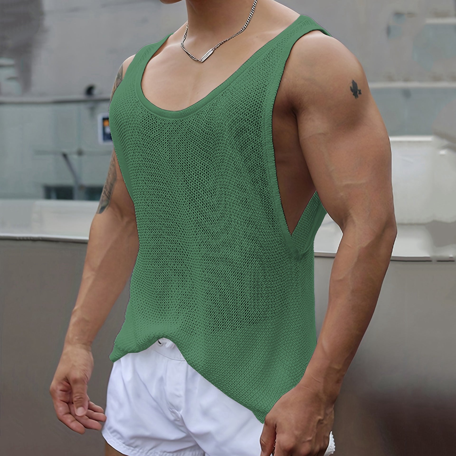 Men's summer knitting vest by SHOWLU, loose fit V-neck casual sports top in lightweight, breathable fabric.