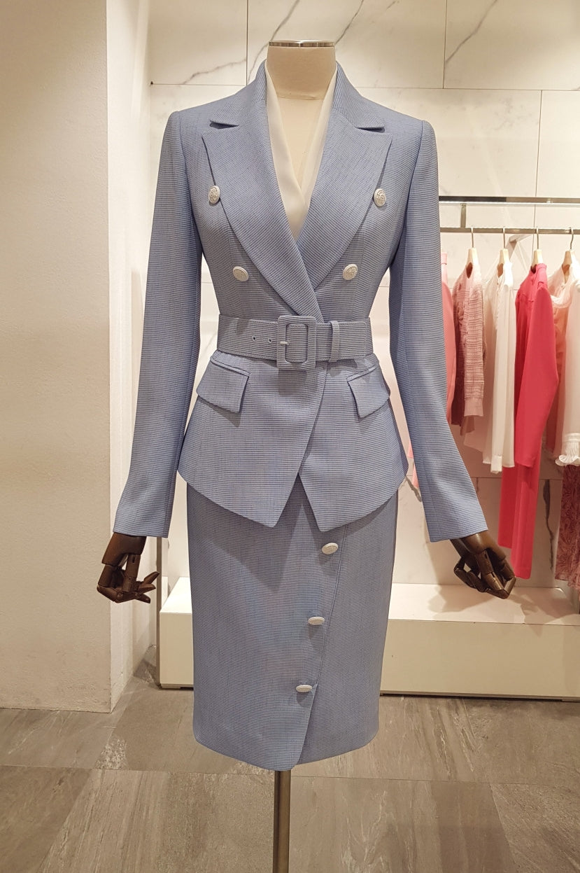 SHOWLU Women's slim-fit double-breasted blazer jacket with belt, tailored and stylish for a polished professional look