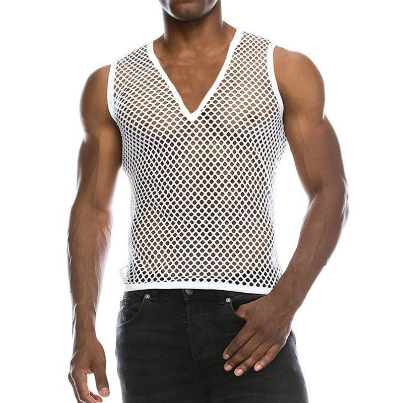 SHOWLU FASHION male mesh cut-out vest with geometric crewneck, stylish pullover featuring modern design and breathable fabric.