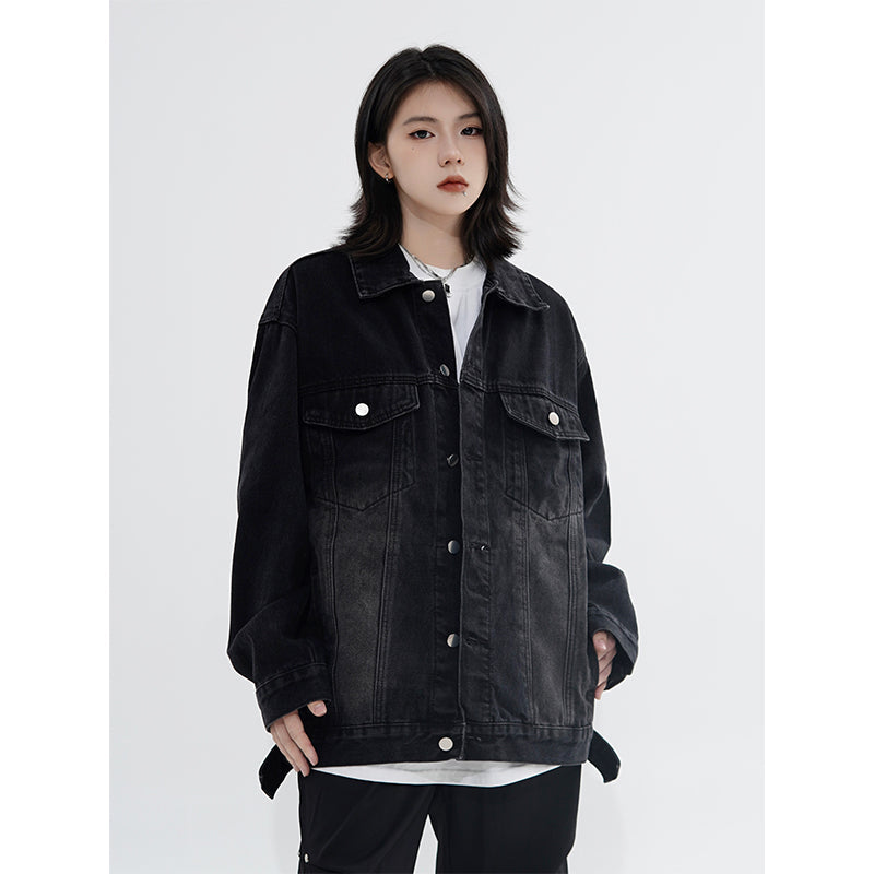 Vintage denim cowboy jacket by SHOWLU FASHION STORE with loose fit, cotton fabric, polo collar, streetwear style.