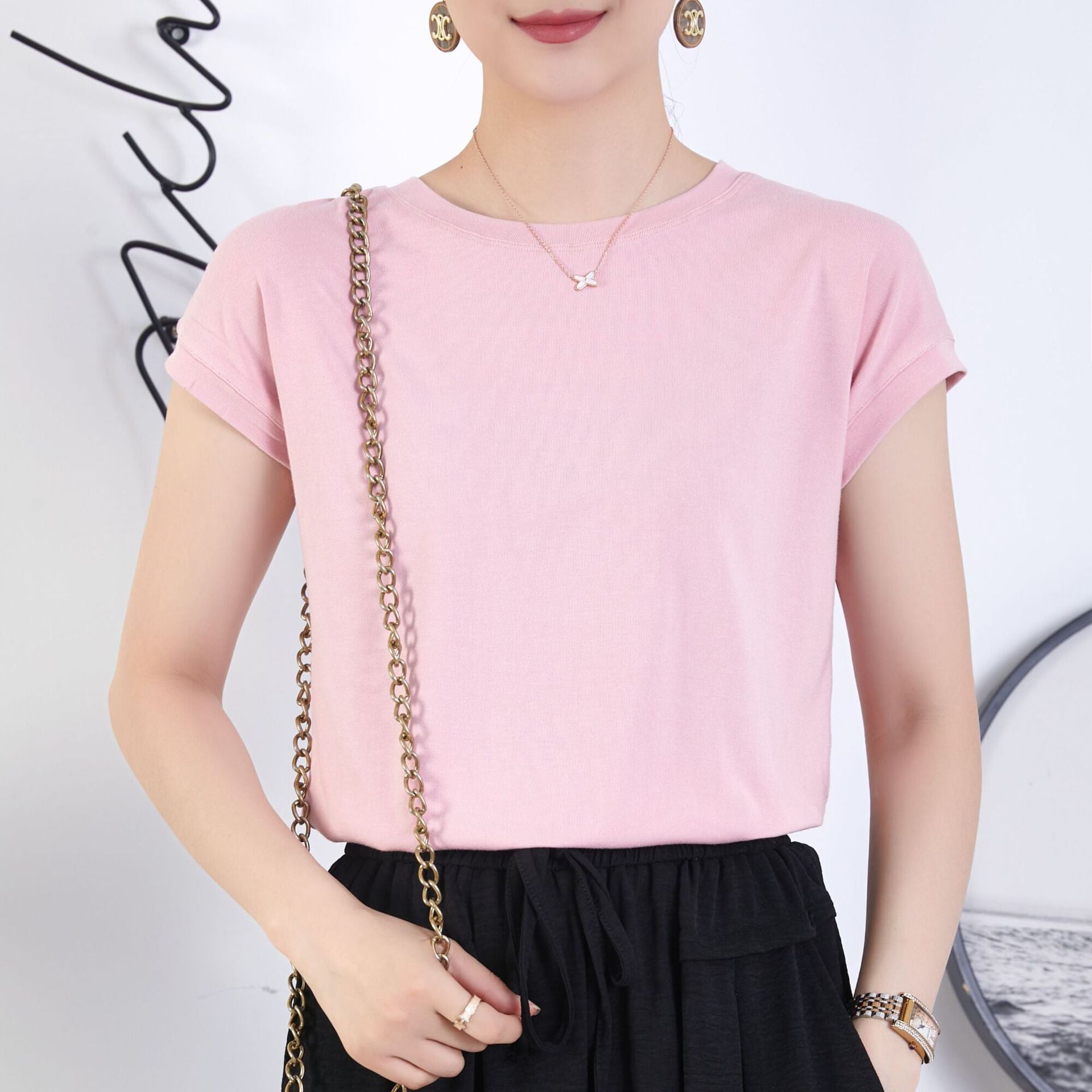 Tiktok batwing sleeve t-shirt women's round neck summer solid color simple small flying sleeve casual all-match loose short sleeve t-shirt women