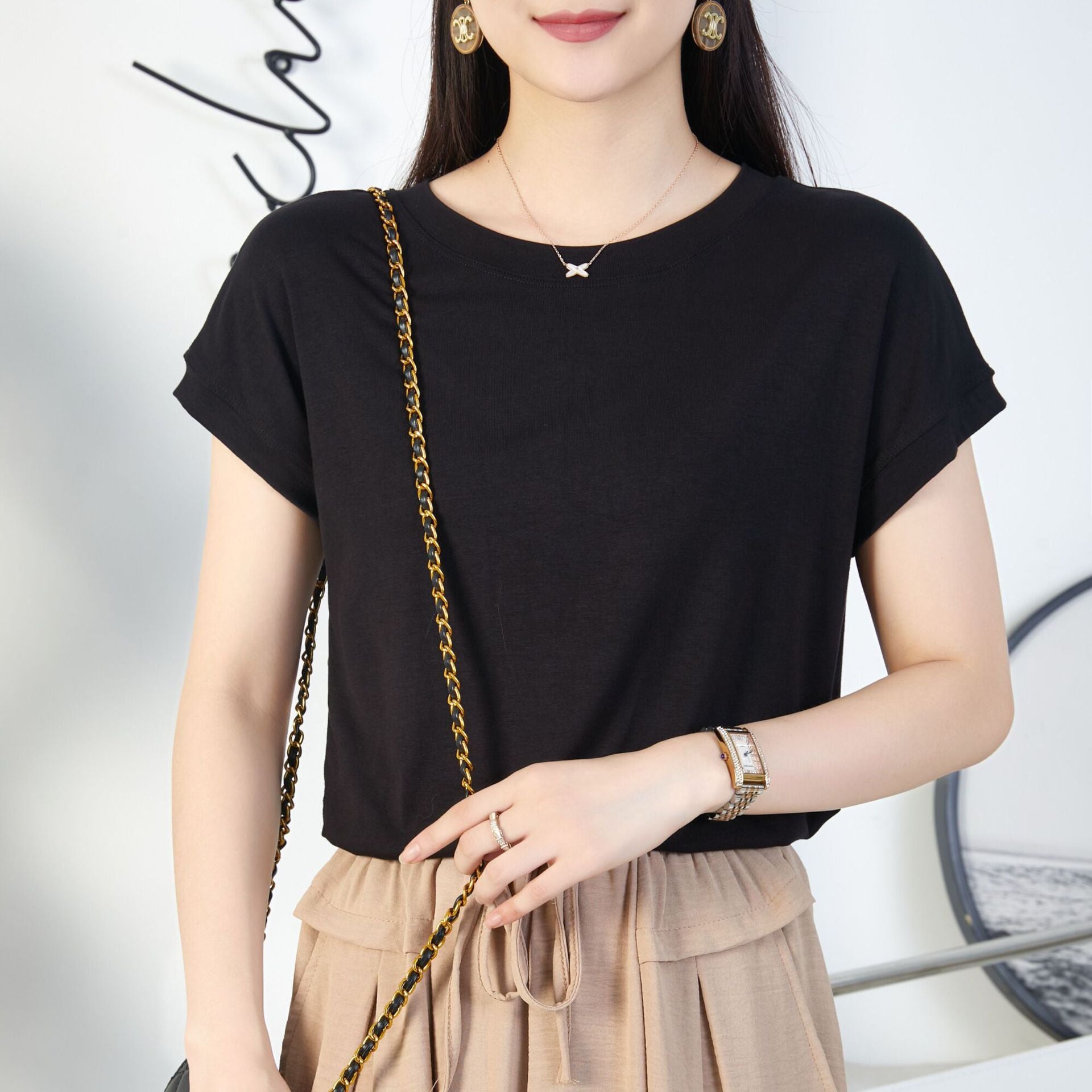 Tiktok batwing sleeve t-shirt women's round neck summer solid color simple small flying sleeve casual all-match loose short sleeve t-shirt women
