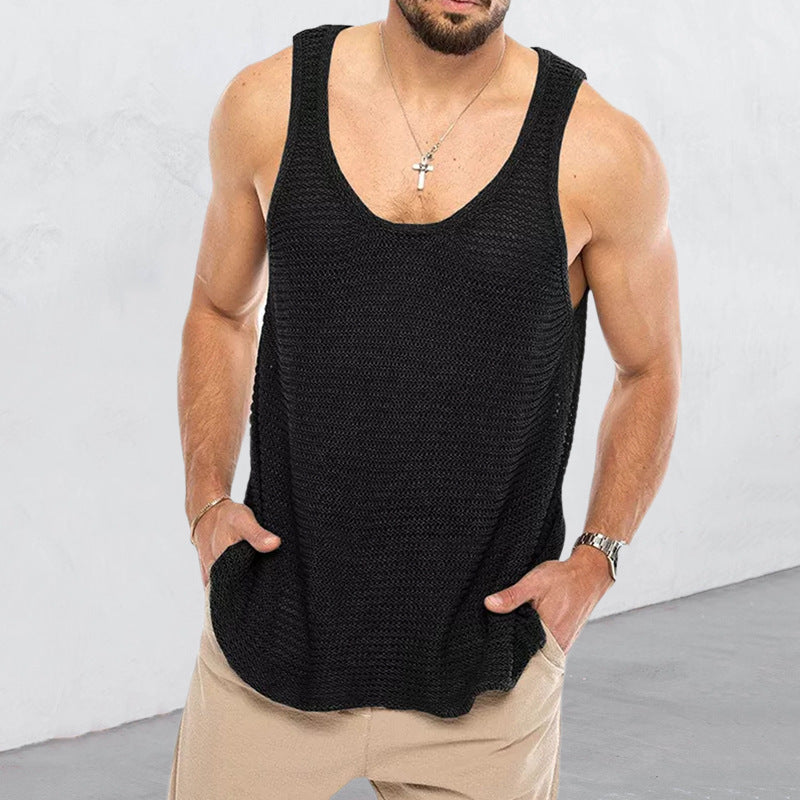 Men's summer knitting vest by SHOWLU, loose fit V-neck casual sports top, light and breathable for warm weather.