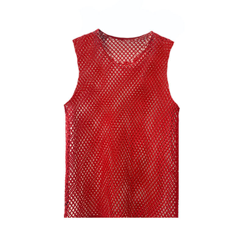 SHOWLU FASHION male mesh cut-out vest with geometric crewneck pullover, featuring a stylish, modern design and breathable fabric.