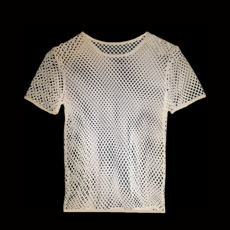SHOWLU FASHION male mesh cut out vest with geometric crewneck pullover, featuring modern design and breathable fabric.