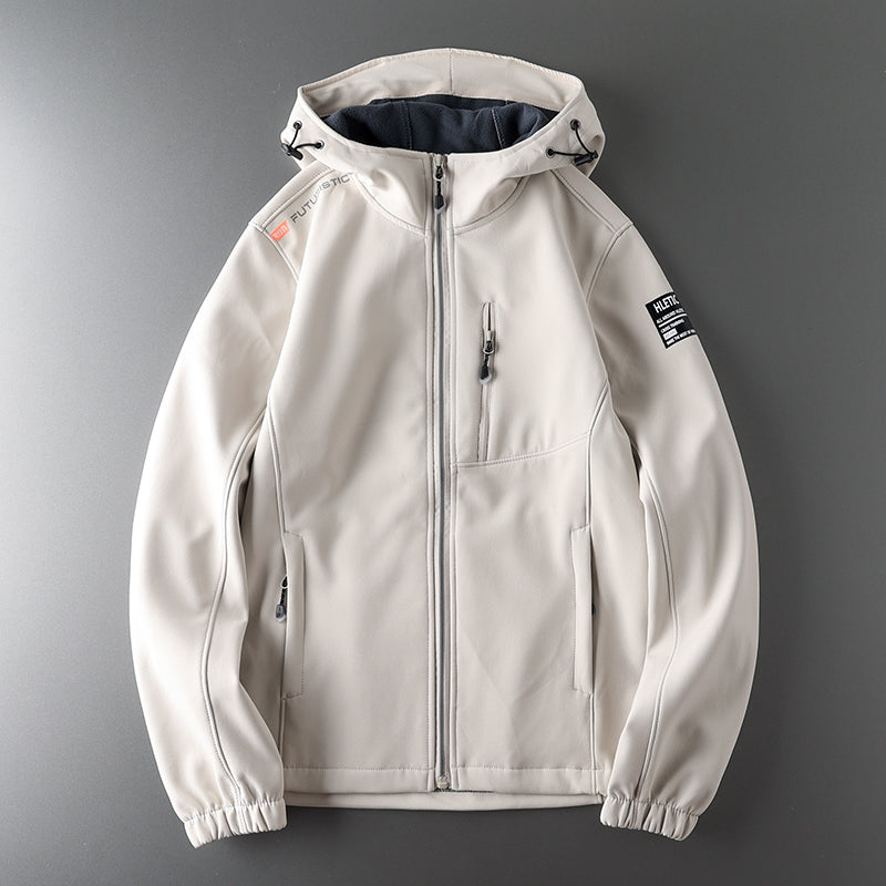 Men's windproof fleece soft shell jacket with hood from SHOWLU FASHION STORE, ideal for outdoor sports and cold weather.