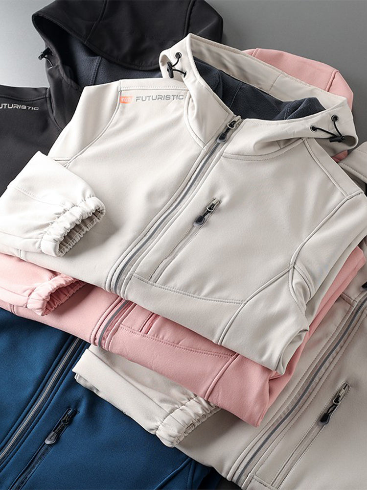 Men's windproof fleece soft shell jacket with hood by SHOWLU FASHION, designed for outdoor sports and cold weather protection.
