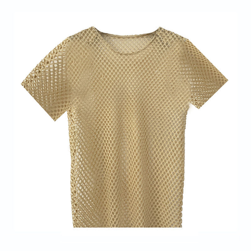 SHOWLU FASHION male mesh cut-out vest with geometric crewneck pullover, featuring modern style and breathable fabric.