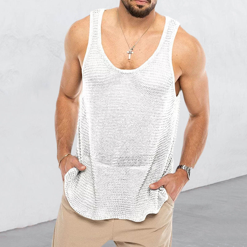 Men's summer knitting vest by SHOWLU FASHION STORE, loose fit V-neck casual sports top, light and breathable fabric.