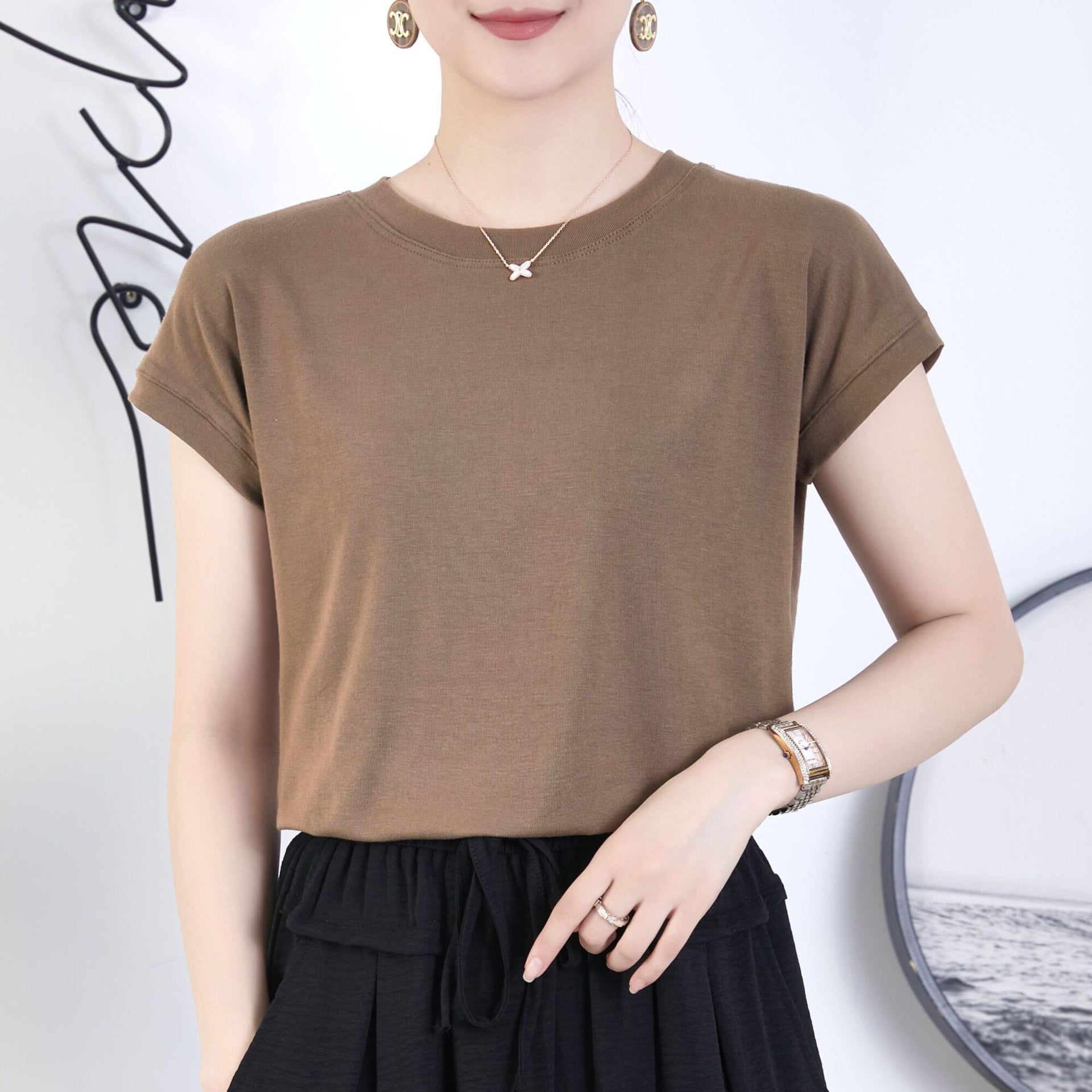 Tiktok batwing sleeve t-shirt women's round neck summer solid color simple small flying sleeve casual all-match loose short sleeve t-shirt women