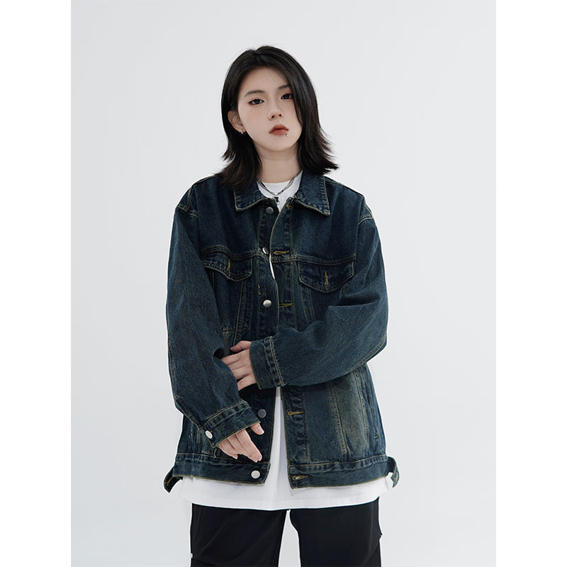 Vintage denim cowboy jacket with loose fit, cotton fabric, polo collar, streetwear style from SHOWLU FASHION STORE.