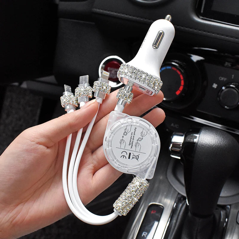 SHOWLU Diamond-Embedded 3-Port Car Charger with multi-functional plug, featuring a stylish design and multiple charging ports.