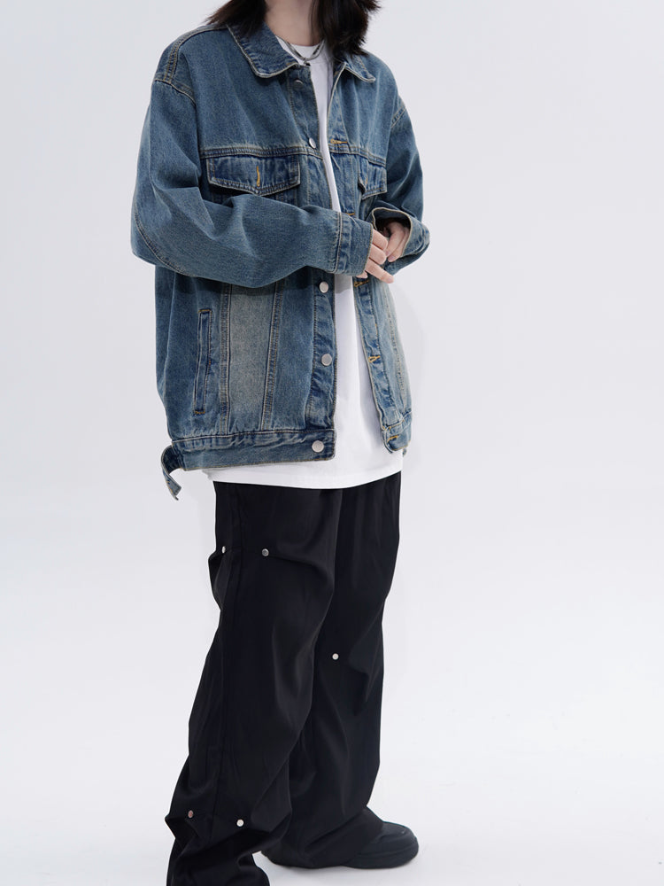 Vintage denim cowboy jacket by SHOWLU FASHION with loose fit, cotton fabric, polo collar, streetwear style.