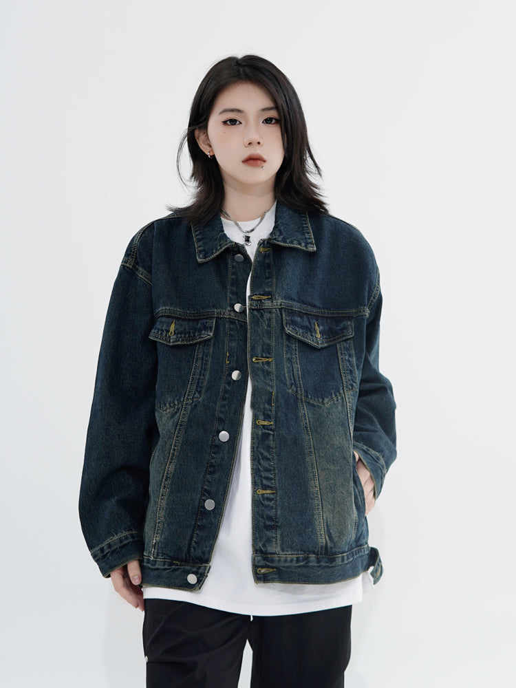 Vintage denim cowboy jacket with loose fit, cotton material, polo collar, streetwear style by SHOWLU FASHION STORE