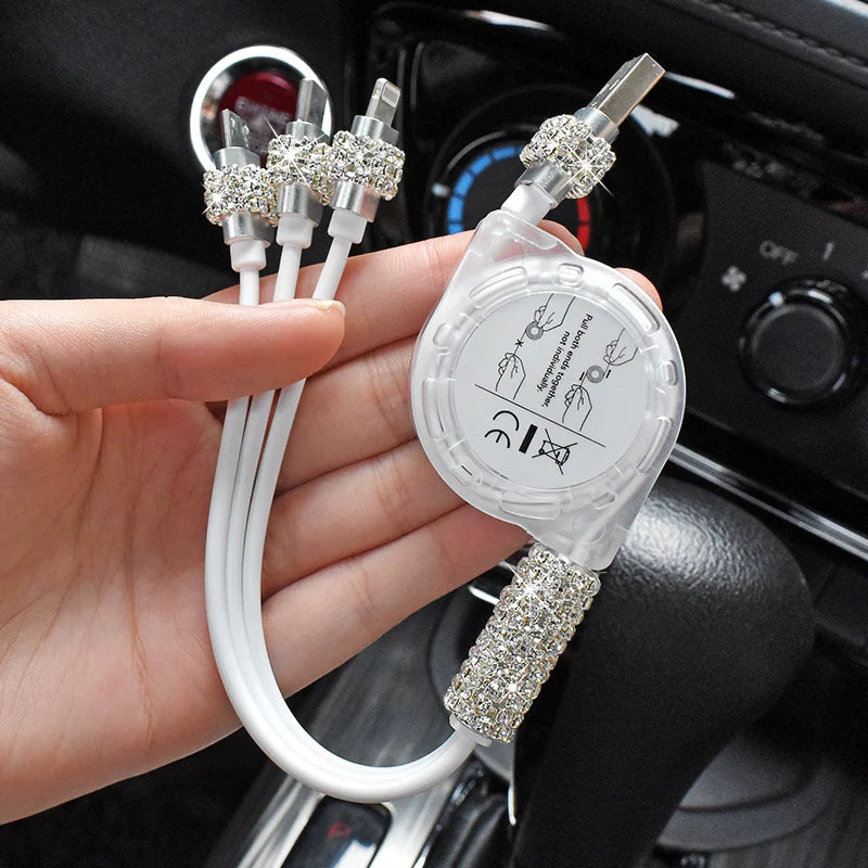 SHOWLU Diamond-Embedded 3-Port Car Charger with multi-functional plug, featuring a sleek design and diamond accents for stylish charging.