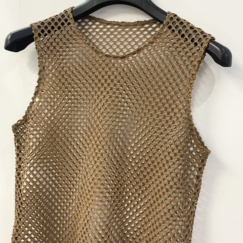 SHOWLU FASHION male mesh cut out vest with geometric crewneck pullover, featuring a modern, breathable design.