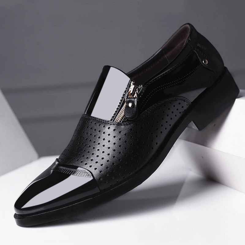 Black men's leather Derby shoes by SHOWLU FASHION STORE, breathable formal footwear for business or dress occasions.