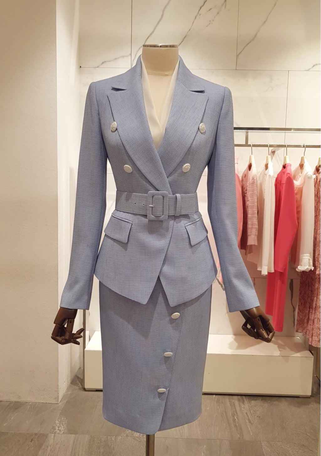 SHOWLU Women's slim-fit double-breasted blazer jacket with belt, shown in a stylish, tailored design.