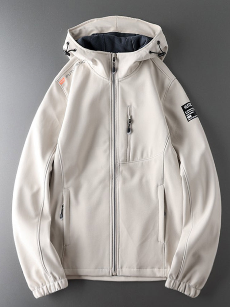 Men's windproof fleece soft shell jacket with hood by SHOWLU FASHION STORE, designed for outdoor sports and cold weather activities.