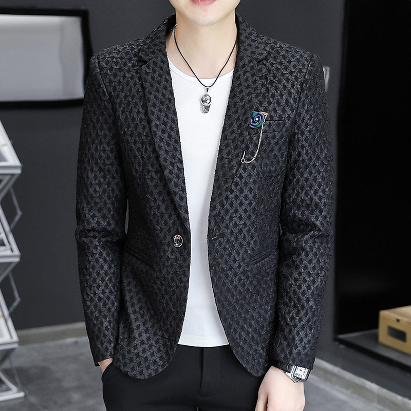 Slim-fit men's casual suit jacket by SHOWLU FASHION STORE, long sleeve polyester blazer with a tailored, modern design.