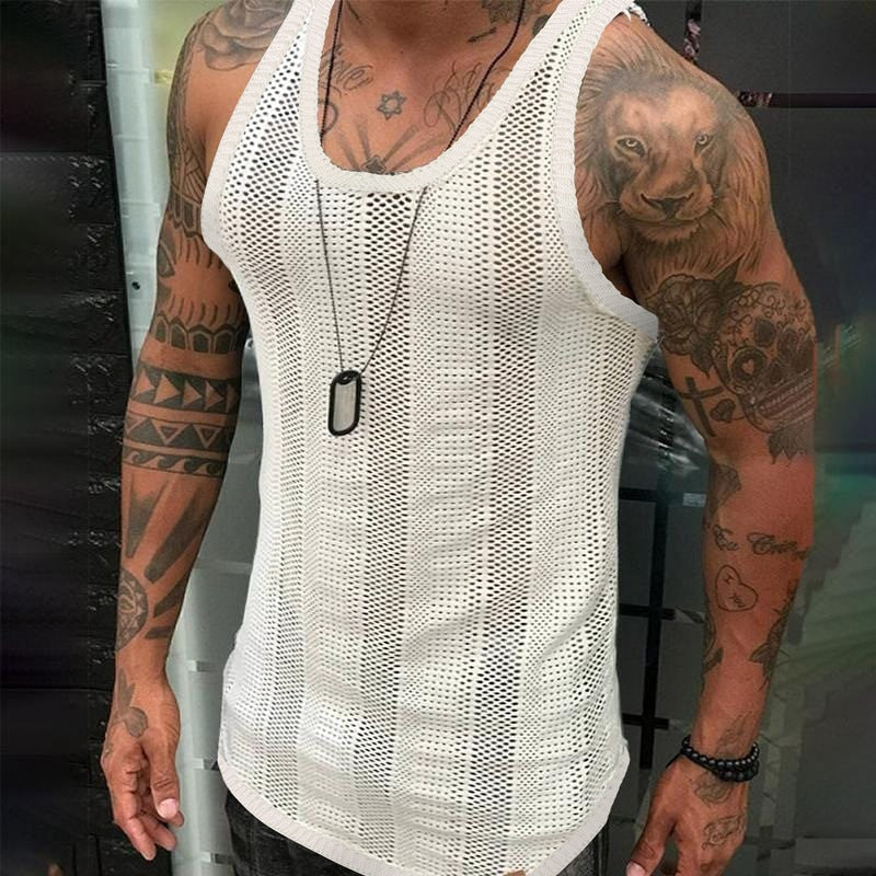 White mesh knitted vest from SHOWLU FASHION, slim fit round neck top, stylish and breathable women's fashion top.