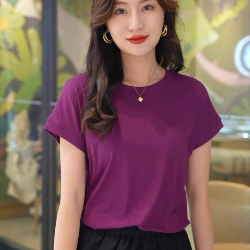 Tiktok batwing sleeve t-shirt women's round neck summer solid color simple small flying sleeve casual all-match loose short sleeve t-shirt women