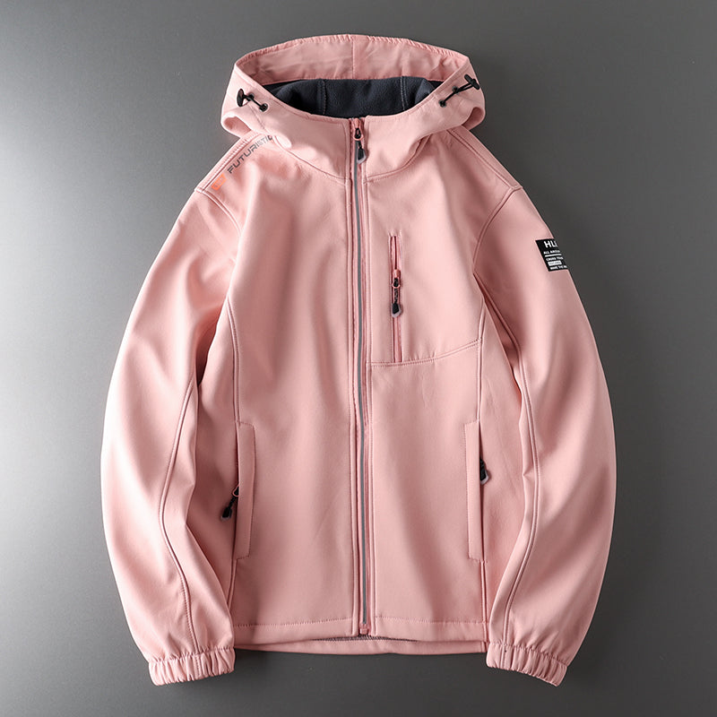 Men's windproof fleece soft shell jacket with hood from SHOWLU FASHION STORE, designed for outdoor sports and cold weather activities.