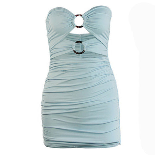 SHOWLU FASHION women's sexy off-the-shoulder ruched mini tube top dress displayed on a model, showcasing stylish and fitted design