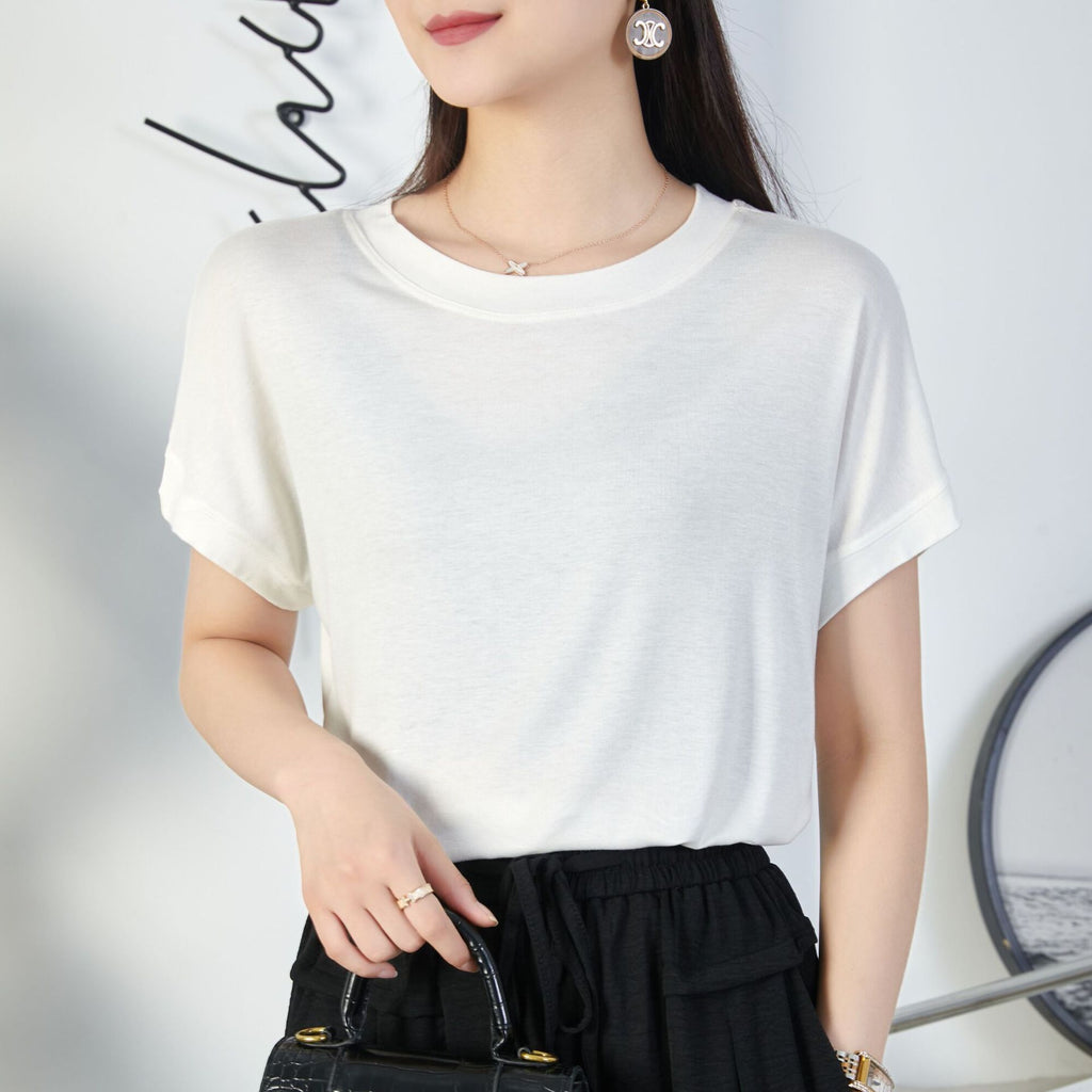 Tiktok batwing sleeve t-shirt women's round neck summer solid color simple small flying sleeve casual all-match loose short sleeve t-shirt women