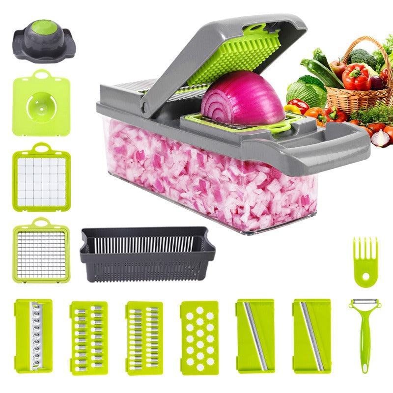 Showlu Multi-Functional Vegetable Cutter with dicing and slicing blades, compact kitchen tool for easy vegetable preparation.