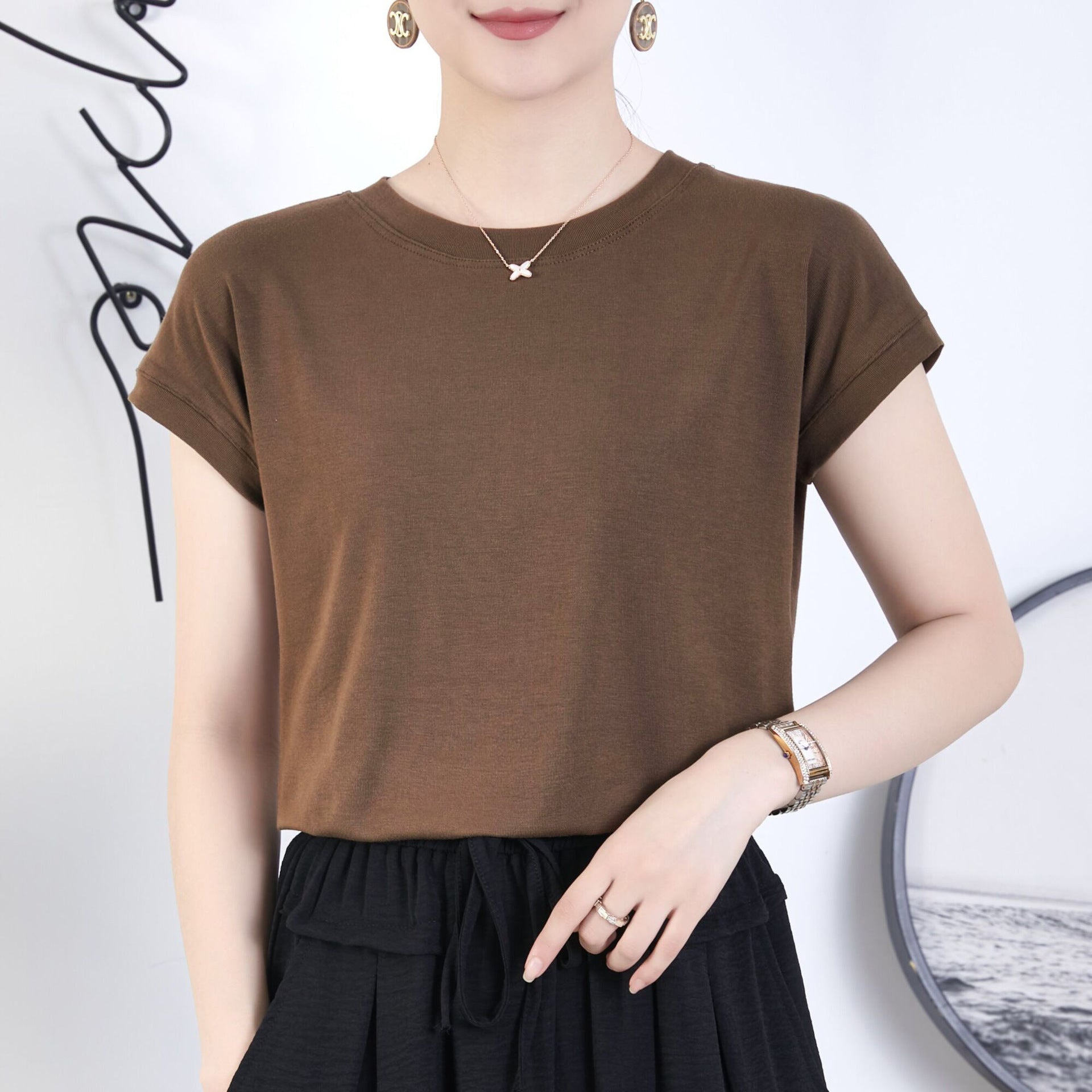 Tiktok batwing sleeve t-shirt women's round neck summer solid color simple small flying sleeve casual all-match loose short sleeve t-shirt women