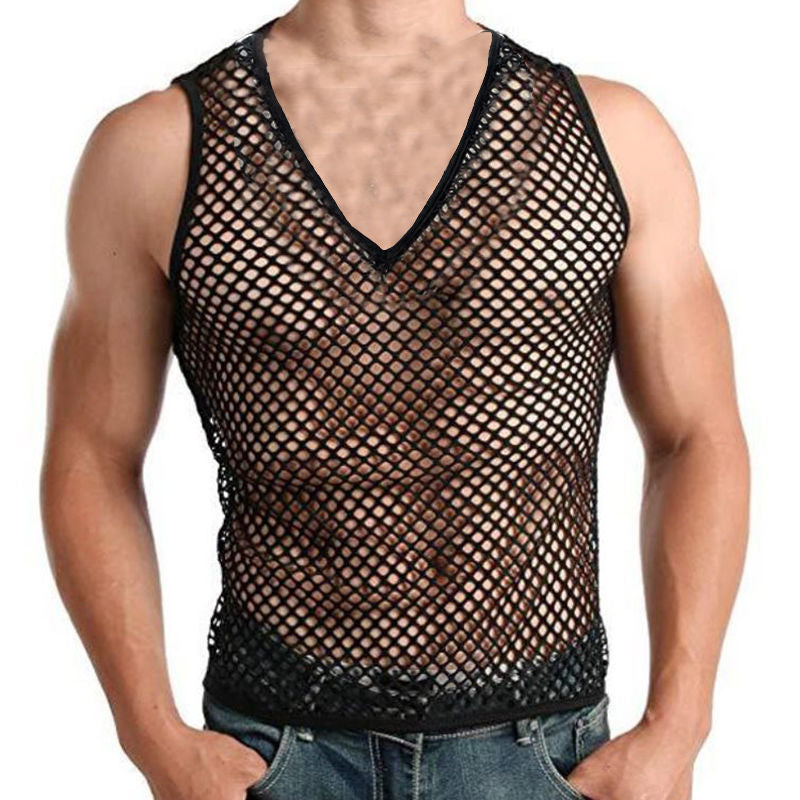 SHOWLU FASHION male mesh cut-out vest with geometric crewneck design, featuring a modern, stylish pullover with mesh detailing.
