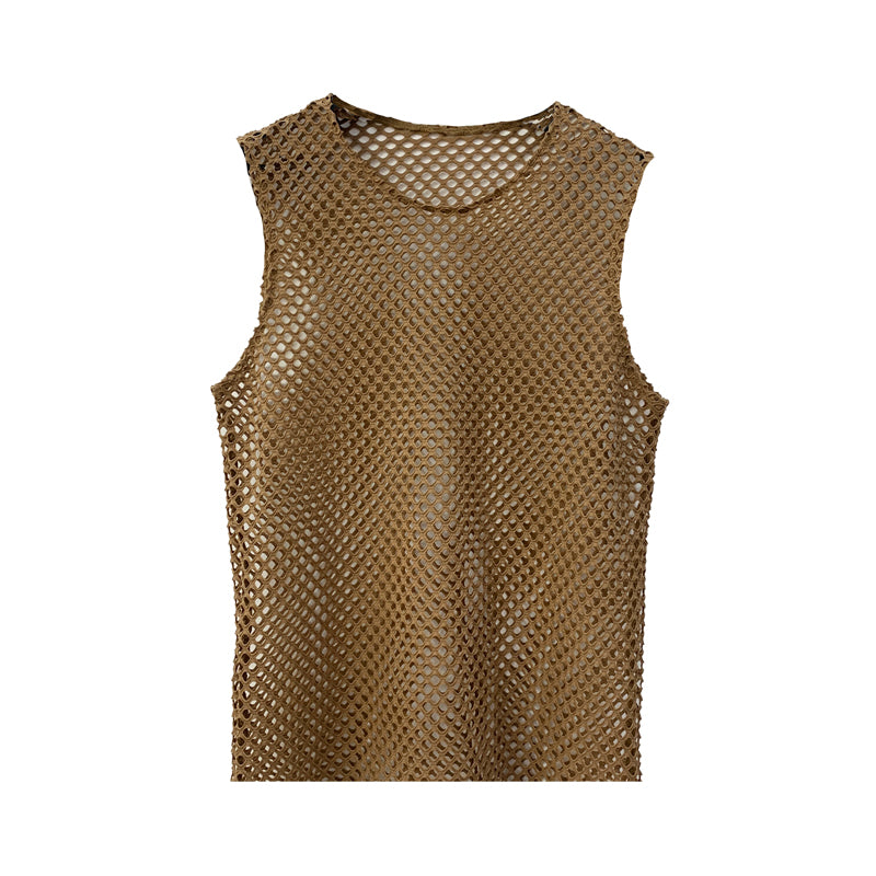 SHOWLU FASHION men's mesh cut out vest with geometric crewneck pullover, featuring modern design and breathable fabric.
