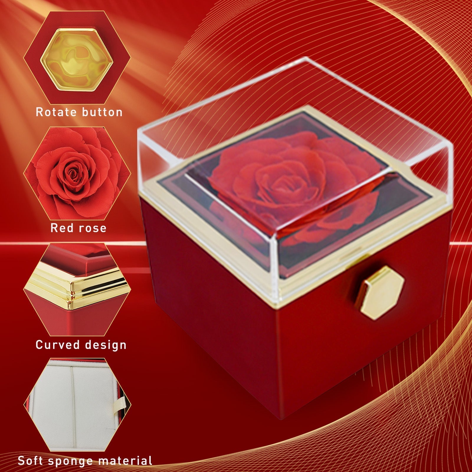 Showlu Fashion Rose Eternal Flower Jewelry Box, decorative red floral storage container for jewelry or special gifts.