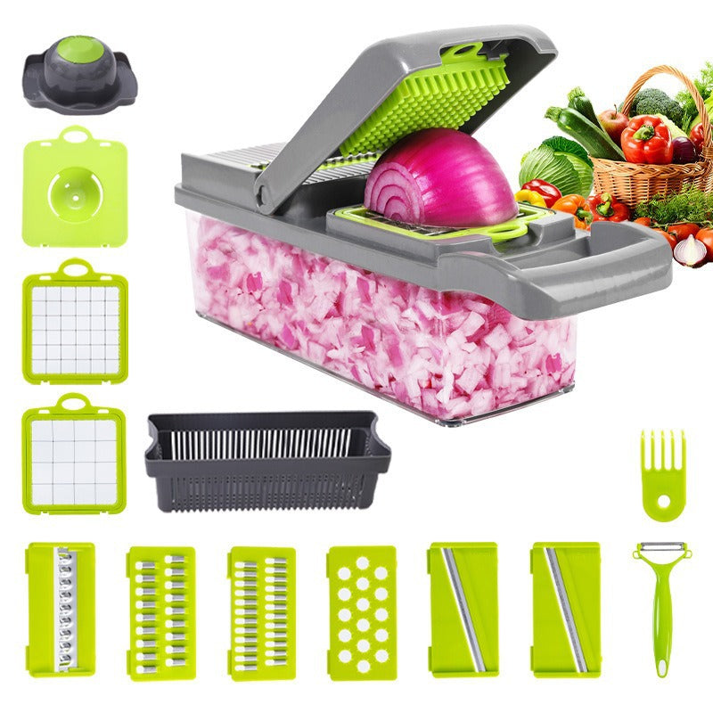 Showlu multi-functional vegetable cutter with dicing and slicing blades, compact kitchen tool for efficient food prep.